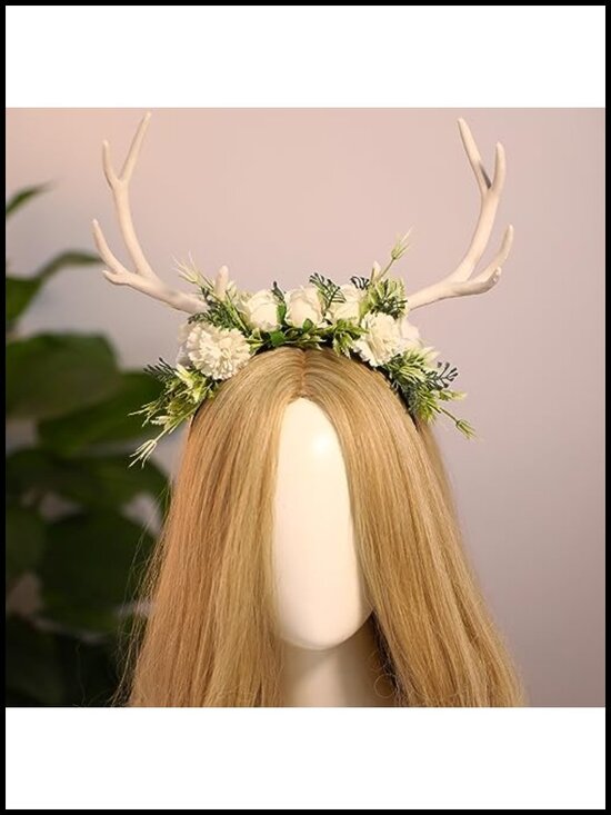 Handmade White Flower Antler Headpiece Woodland Reindeer Headband Forest Floral main image 5